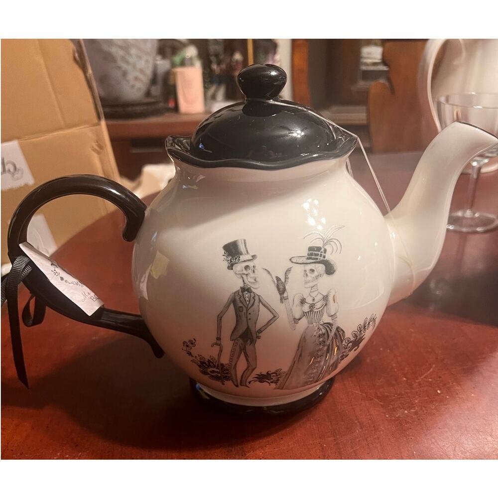 Mortar & Bone Potters Studio Skeleton Tea Pot Black White Gold Accents Halloween